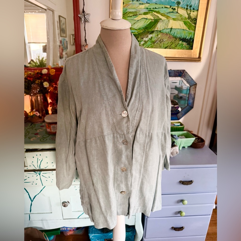 Sympatico Hemp Blend Jackets Generous M Green Aqua VGUC Lagenlook Boho Style